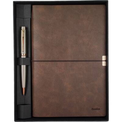 SD700-2-A Toledo Premium Defter A5 Kahverengi & Honour 38 Saten Altın Tükenmez Kalem Seti - 1